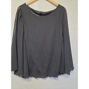 Alfani Woman Black Textured Chiffon Blouse 18W Bell Sleeves Elastic Hem Sheer...